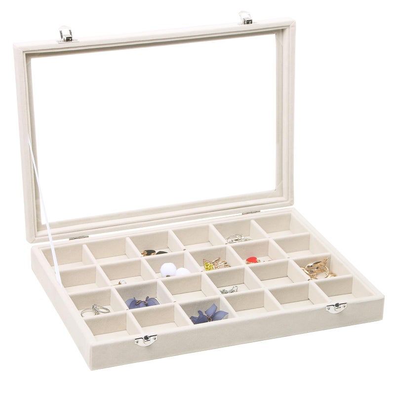 Stratalife Jewelry Organizer Jewelry Tray with Lid See-through Display Showcase Large Earring Organizer Velvet Storage Box for Earring Necklace Rings Dice Beige (24 Grids) - Image 1